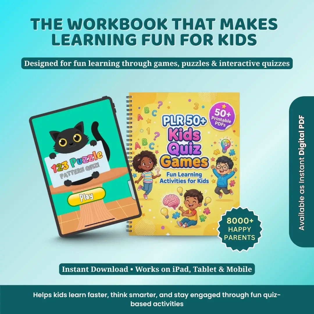 PLR 50+ Kids Quiz Games Bundle | Printable Learning Activities | Fun Educational Worksheets for Kids | Brain Development & IQ Games