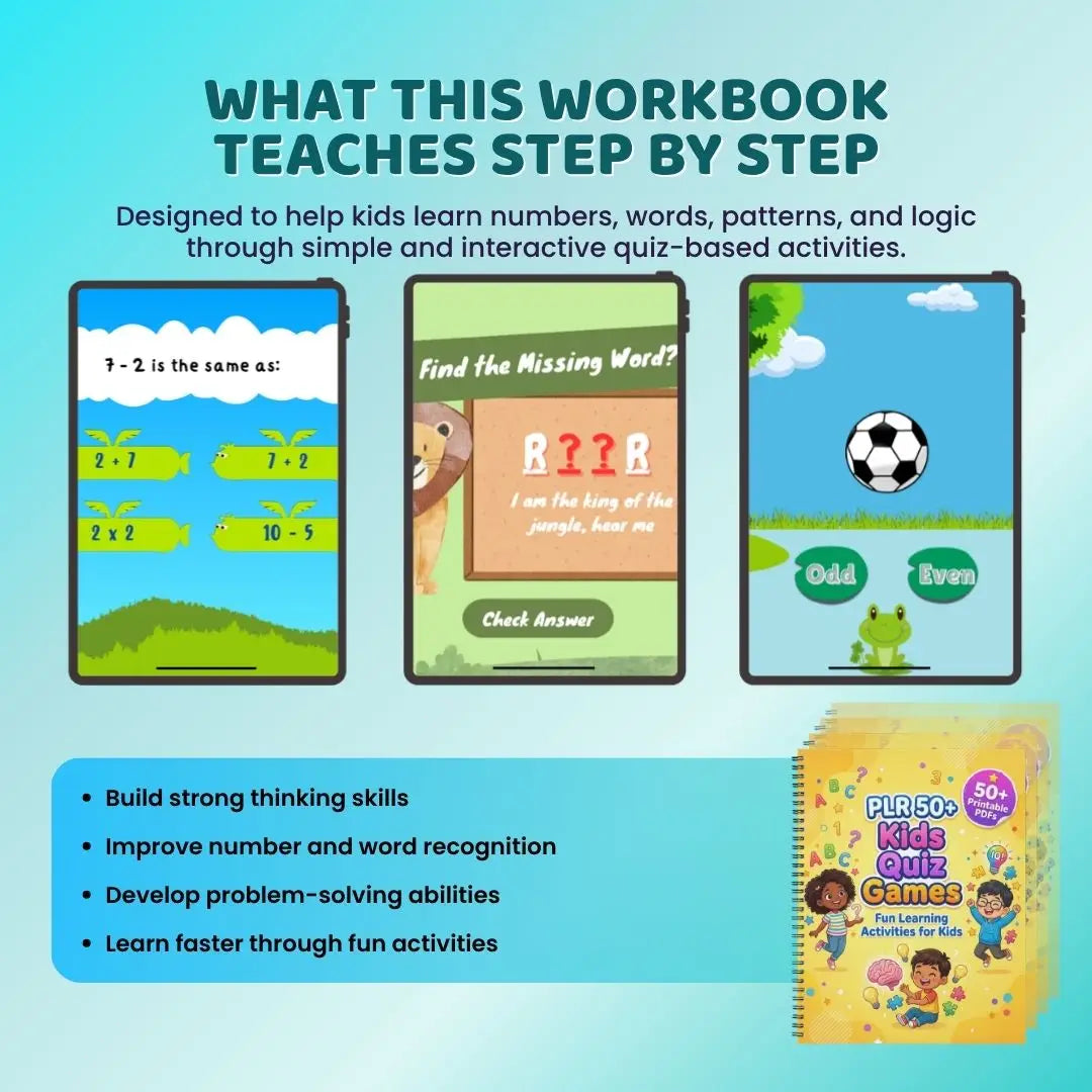 PLR 50+ Kids Quiz Games Bundle | Printable Learning Activities | Fun Educational Worksheets for Kids | Brain Development & IQ Games