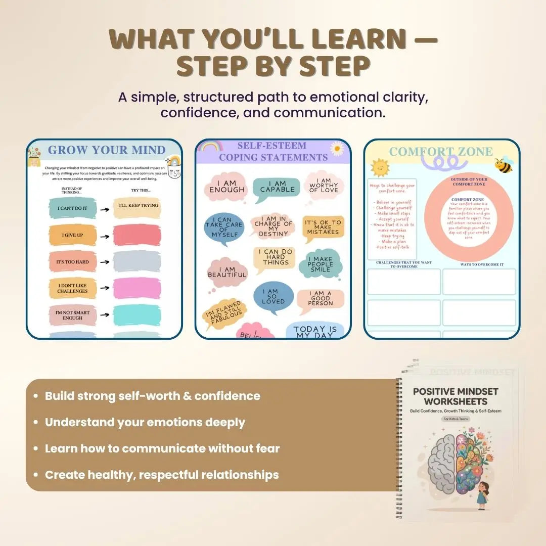 Positive Mindset Worksheets PDF – Self-Esteem, Confidence & Growth Mindset for Kids & Teens