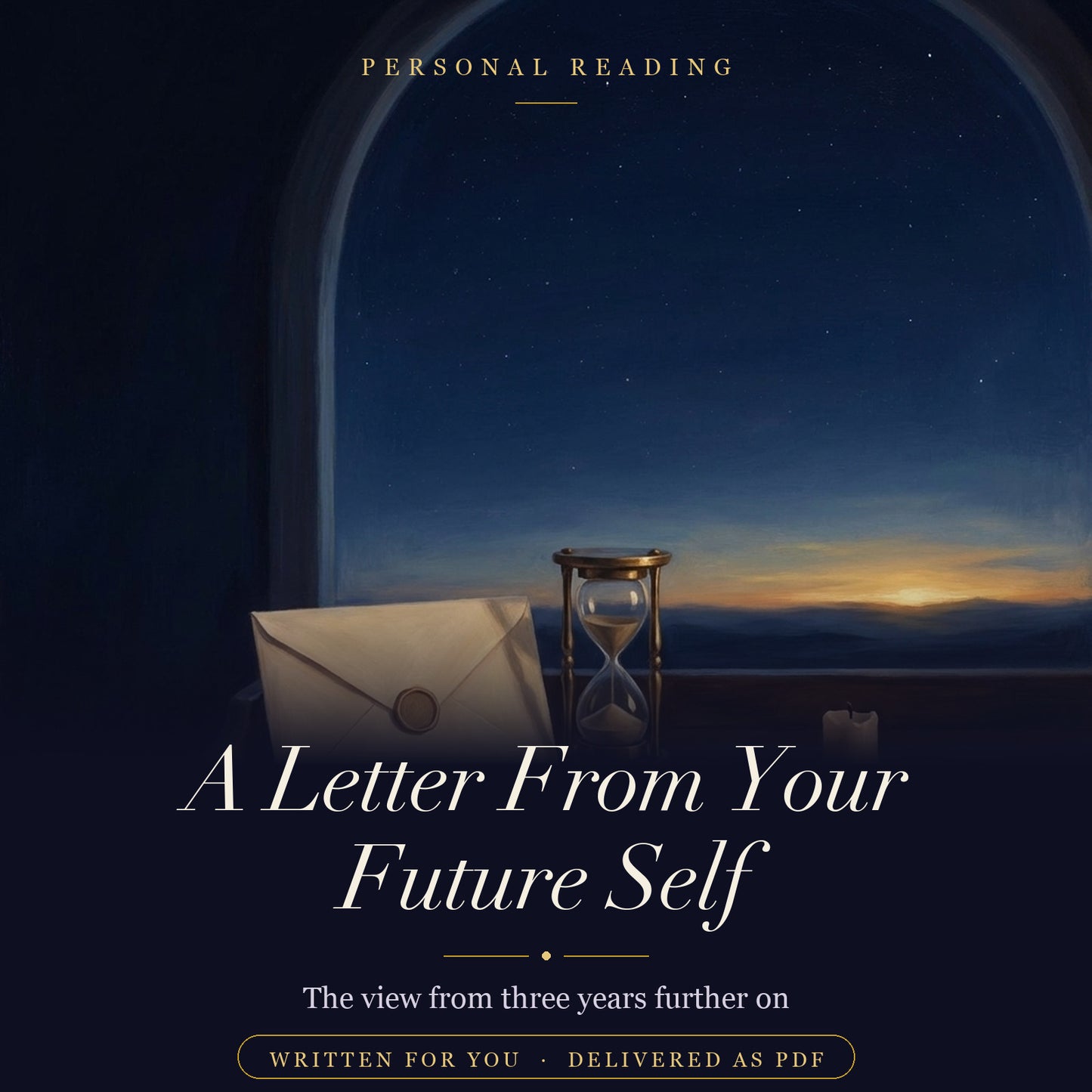 A Letter From Your Future Self — a sealed cream letter and an hourglass on a desk at dawn